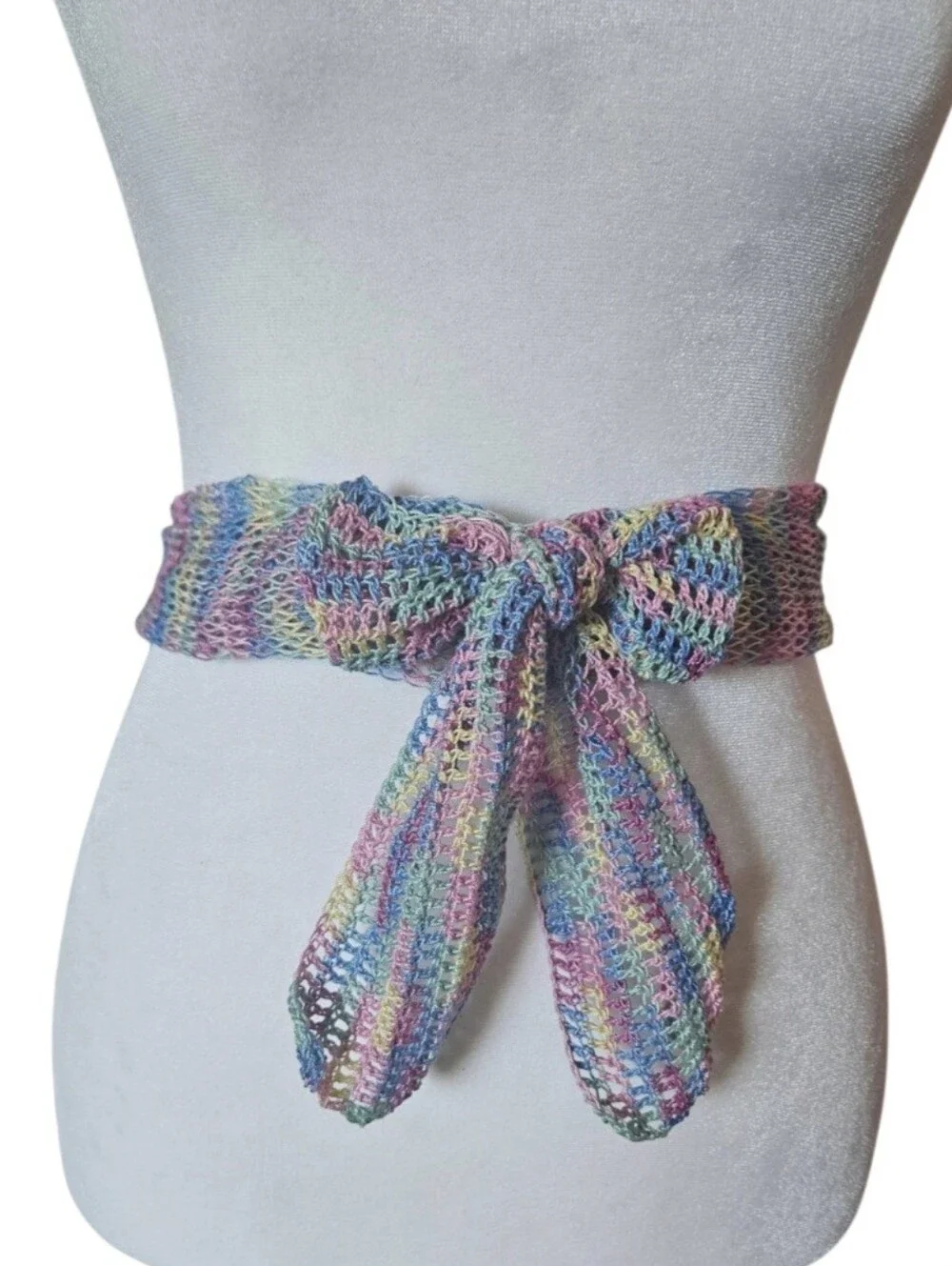 Handmade Crochet Lace Scarf Pastel Blossom Bow Egyptian Cotton Knit Neck Wrap